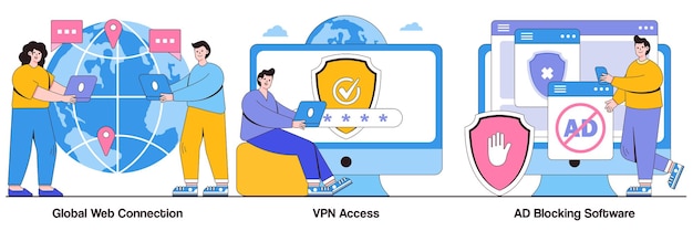 Global web connection, VPN access, Ad blocking software concept with tiny people. Network access vector illustration set. Remote proxy server, web browser, IT technology, plug-in extension metaphor.