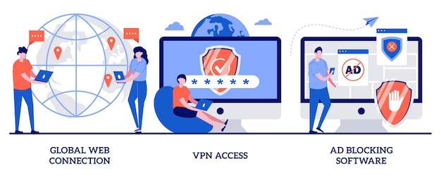 Global web connection, VPN access, Ad blocking software. Set of network access, remote proxy server