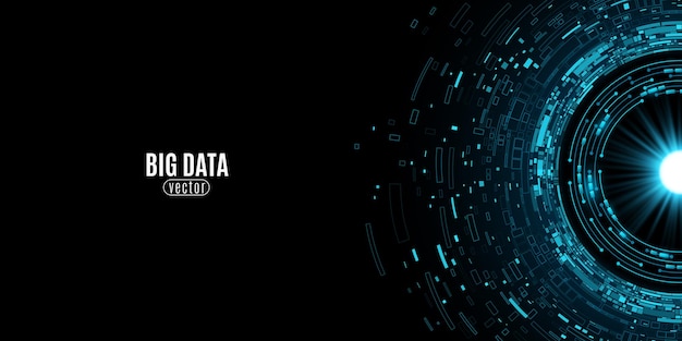 Glowing Digital Circle with decaying data fragments and bright projector on blue dark backdrop with dotted halftone effect Futuristic FinTech banner UI and GUI design Vector illustration