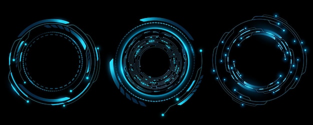 Glowing HUD circles set Futuristic elements for scifi interface Abstract technology Digital hitech object for ui and gui design Cyber frame Vector illustration