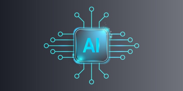 Glowing light blue neon AI chip with thin circuit contact lines AI chip on technology background