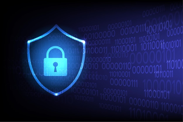 Glowing shield with lock symbol over binary code background representing cybersecurity and data protection