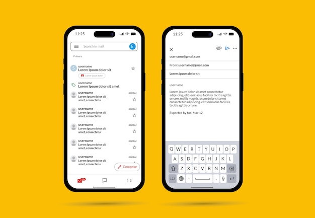 Gmail app user interface and icon set inbox screen and a detailed email view with a keyboard
