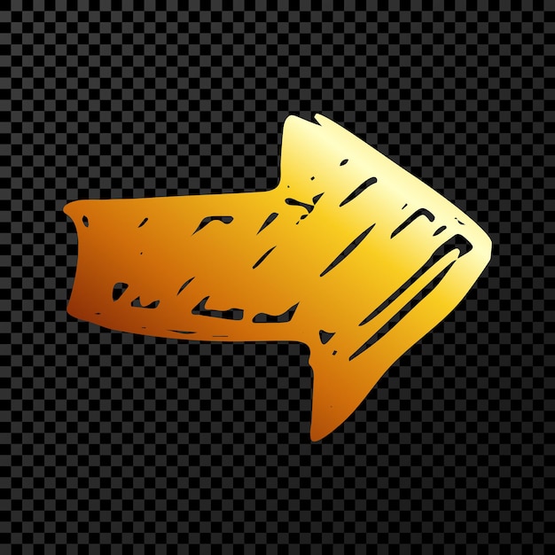 Gold hand drawn arrow. Sketch of gold doodle arrow isolated on dark transparent background. Vector illustration.