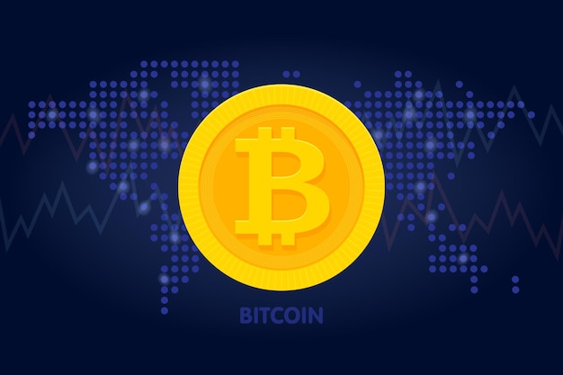 golden bitcoin icon in world map background for cryptocurrency, virtual currency, digital money, ecash. vector illustration.