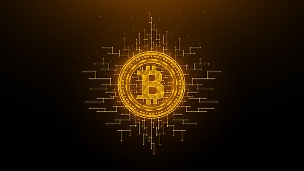 golden bitcoin polygonal vector illustration on a dark background. cryptocurrency low poly design