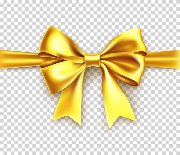 Golden gift bow from satin tape isolated on transparent background Realistic decoration for any holidays presents Christmas and new year realistic object from shiny silk vector illustration