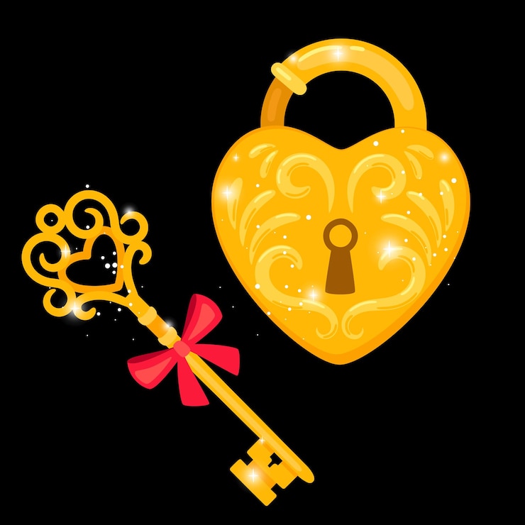 Vector golden key and padlock. cartoon ornate symbol of security, antique elements for locking doors, vector illustration of decorative medieval objects for home protection on black backgr