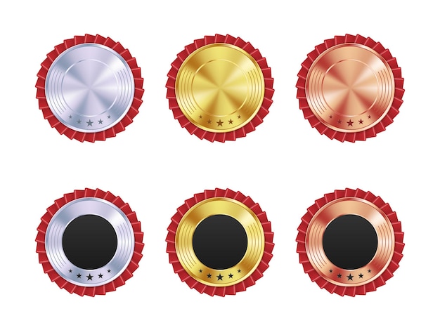 Golden silver bronze medal with red ribbon Sports medals Champion winner awards vector illustration