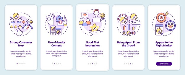 Good design importance onboarding mobile app screen Business style walkthrough 5 steps graphic instructions pages with linear concepts UI UX GUI template Myriad ProBold Regular fonts used