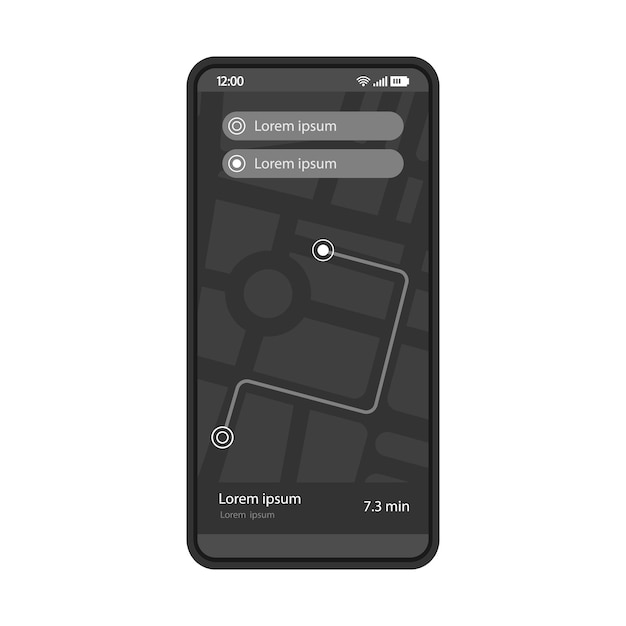 GPS navigation app interface vector template Mobile application page design layout Driving direction Route searching screen Flat UI Choose destinationPhone display with digital map and pinpoints