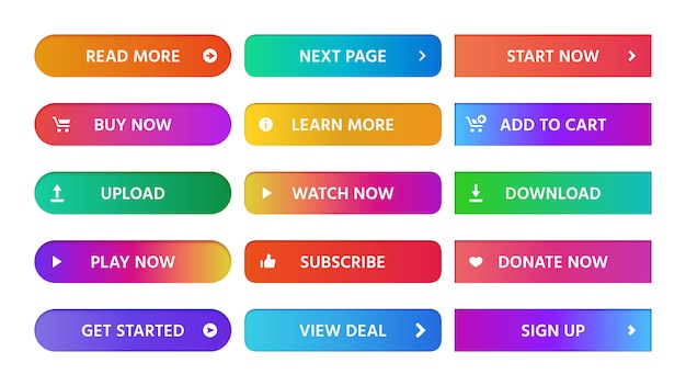 Gradient buttons. Rectangular next page button, read more and add to cart icon colorful gradients web isolated  set