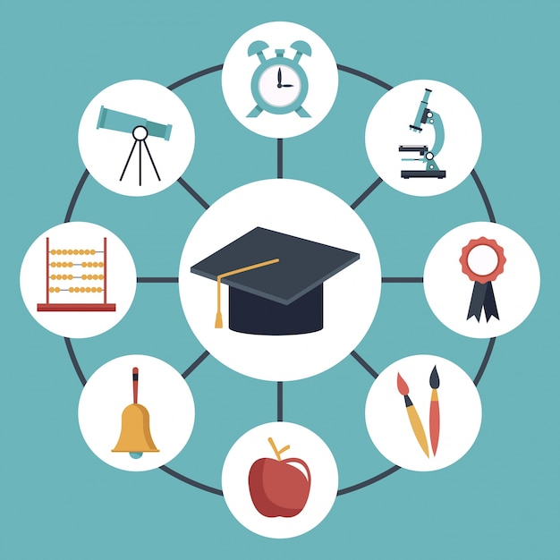 graduation cap connected to elements academic in icons around