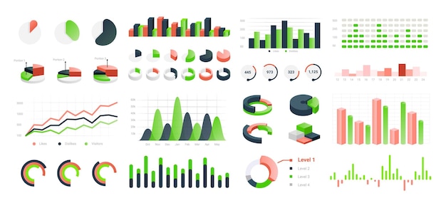 Graphic charts Infographic statistic bars and diagrams for data presentation comparison histogram elements Types set of isolated analytic graphs Vector information visualization