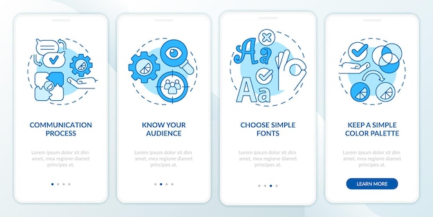 Graphic design rules blue onboarding mobile app screen Visual content walkthrough 4 steps graphic instructions pages with linear concepts UI UX GUI template Myriad ProBold Regular fonts used