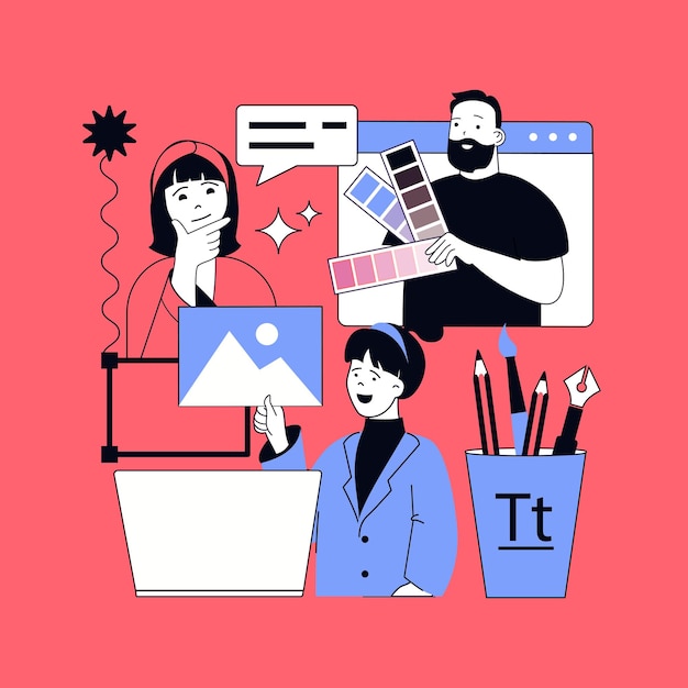 Graphic web design concept for modern website design People creating wireframe layouts and engineering templates coding on platform working with project colours and images Vector illustration