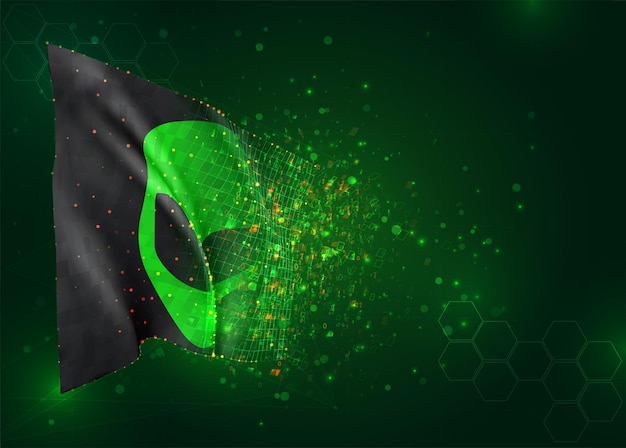 green alien from space on 3d flag on green background with polygons