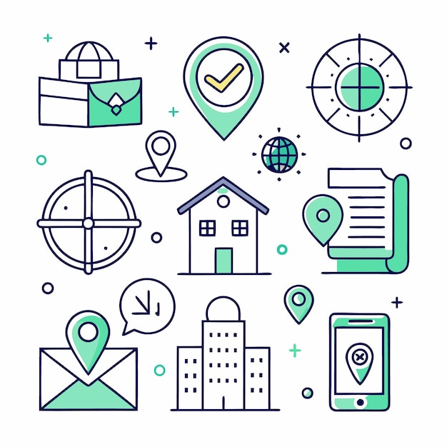 Green and blue line icons representing location based services