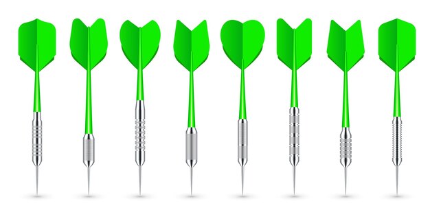 Green dart arrows with metal tip and shadow dart throwing sport game dartboard equipment vector