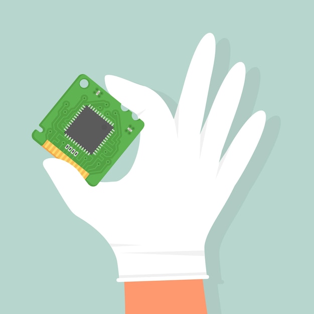 Green Electronic Microcircuit in hand The microprocessor and computer chip icon Computer component