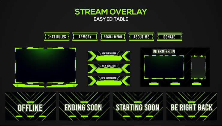 Vector green neon set live stream element design for gamer
