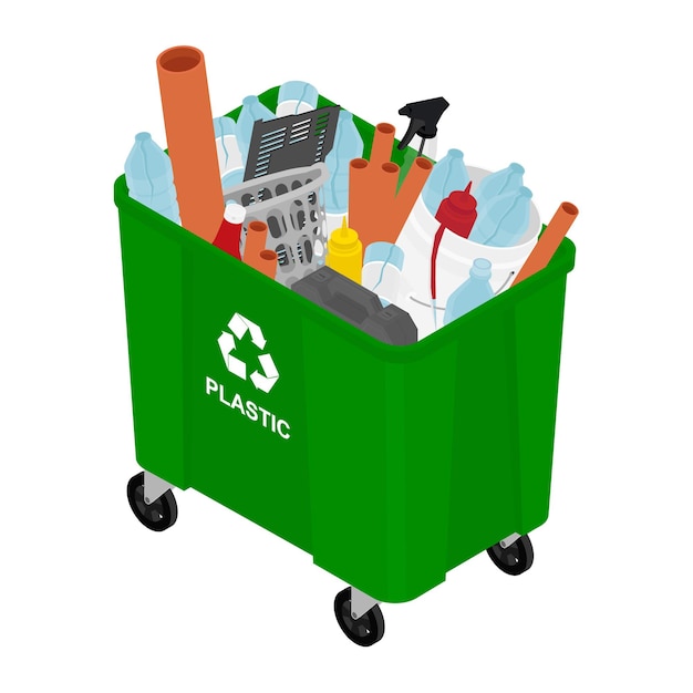 Green outdoor trash can with sorted plastic garbage vector icon