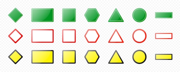 green, red and yellow road signs banners isolated on transparent background. set of road text panels. highway signs. green pointers on the road, traffic control signs and road direction signboards eps