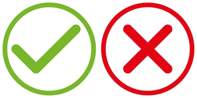 green tick and red x in circle OK check mark and X cross icon symbol vector illustration