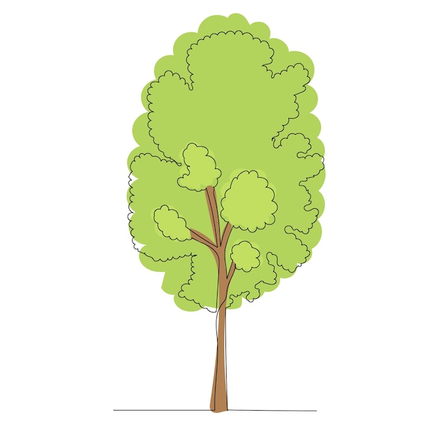 Green tree drawing in one continuous line isolated