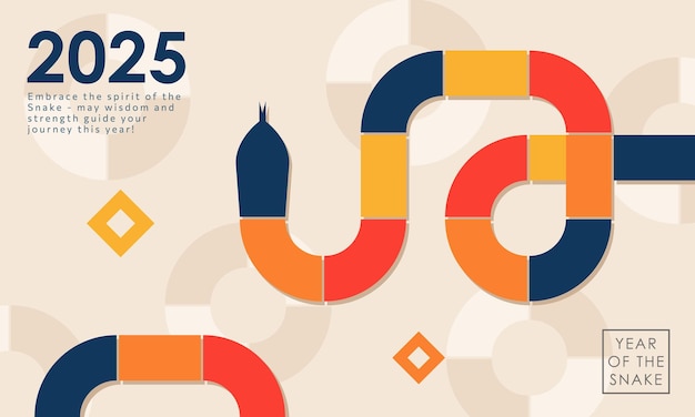 Greeting card with vibrant illustration for 2025 Year of the Snake featuring geometric snake serpent