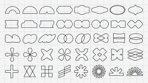 Grid of abstract geometric shapes Various geometric shapes like circles ovals and crosses Geometric shapes arranged in rows on a grid background Black shapes vector element set