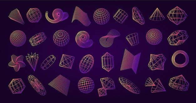 Grid wireframe Cyber retro shapes 80s perspective portal Futuristic gravity 90s mesh figures Cyberpunk geometry frame Sphere line globe Gradient spiral Vector 3D tech elements set