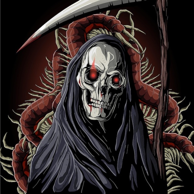 grim hoscary grim reaper with centipede in the backgroundod