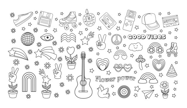 Groovy hippie 70s classic y2k 90s and 2000s aesthetic Outline style set of vintage elements Handdrawn vector illustration