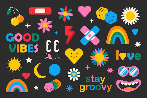 groovy hippie 70s set. funny cartoon flower, rainbow, peace, love, heart, daisy, mushroom etc.