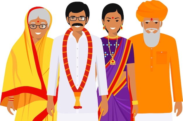 group adult indian men and women different ages standing together in traditional national clothes