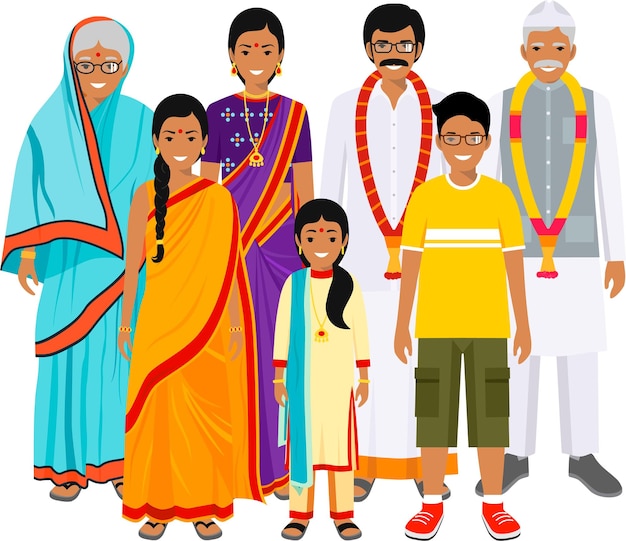 group indian men and women different ages standing together in traditional national clothes
