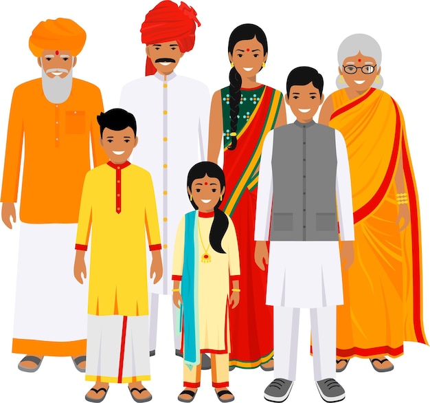 group indian men and women different ages standing together in traditional national clothes