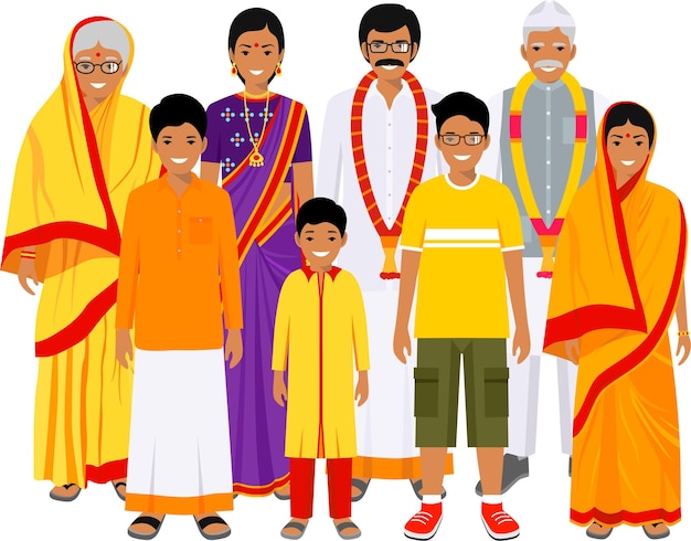 group indian men and women different ages standing together in traditional national clothes