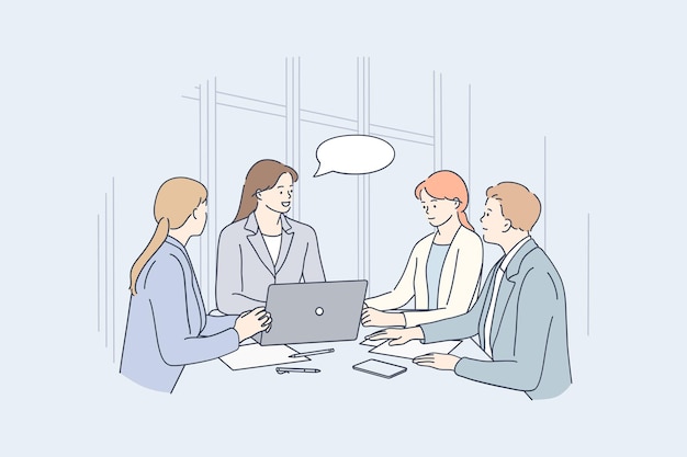 Group of positive people sitting in office