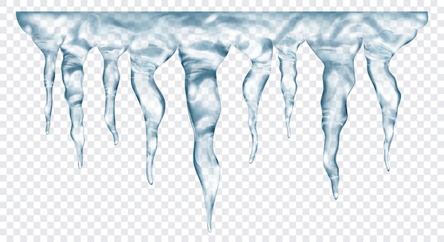 Group of translucent gray realistic icicles of different lengths connected at the top isolated on transparent background