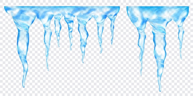 Group of translucent light blue realistic icicles of different lengths, connected at the top, isolated on transparent background. Transparency only in vector format