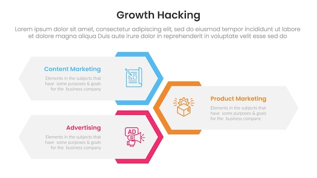 growth hacking infographic 3 point with vertical hexagon shape layout for slide presentation