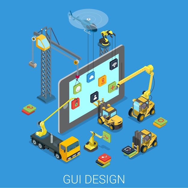 GUI design UI UX mobile user interface experience app installation setup development process. Flat isometric technology tablet concept 