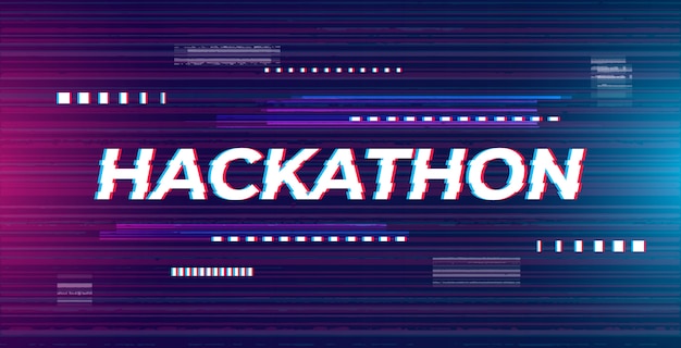 Hackathon banner illustration. Abstract futuristic background with glitch effect in neon colors. Screen template for hack contest, conference, coding meetup.