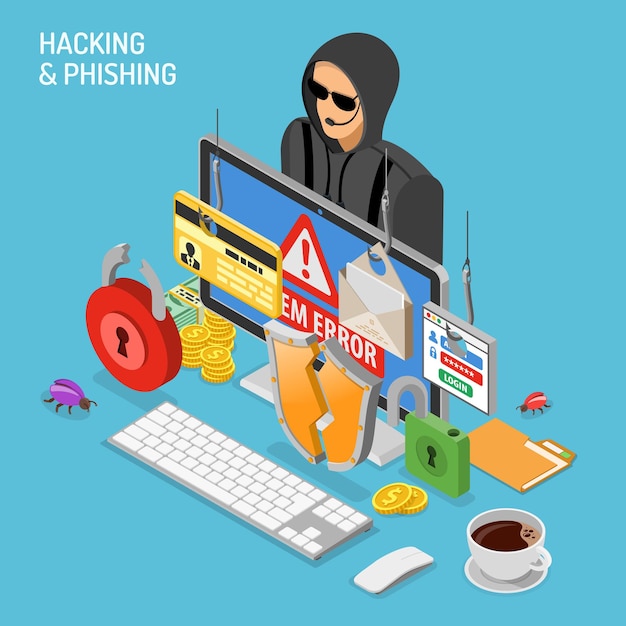 Hacker activity isometric concept. Hacking and phishing. Hacker steals password, credit card and email. Internet Security vector with flat isometric style icons hacked lock, bug and computer