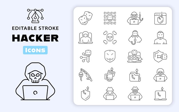 Hacker attack icons Hacker line icon set Cyber attack software virus scam hacker fraud hacker attack related icons Editable stroke thin line icons set