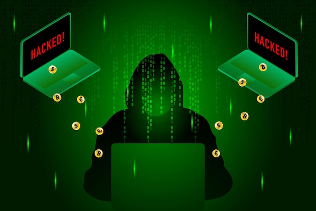 Hacker attack on cryptocurrencies. Cybersecurity concept with hacker and the hacked laptops.
