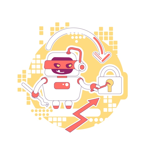 Hacker bot thin line concept  illustration. Stealing personal account password, data and content. Bad scraper robot  cartoon character for web . Cyber attack creative idea