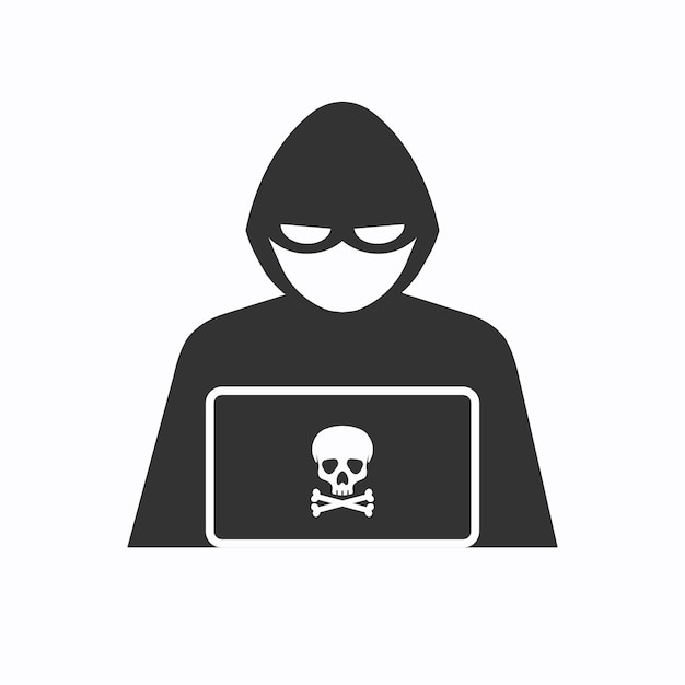 Hacker in black hood icon Cyber criminal at laptop Process of stealing user personal data